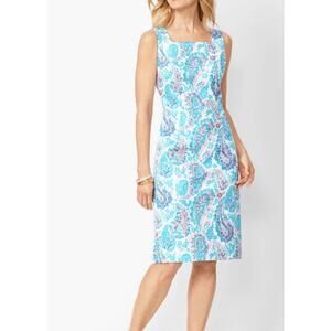 Talbots Fresco Paisley Sheath Dress Teal Blue Pink Sz 14 Sleeveless Office Party